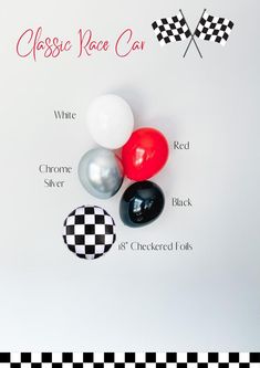 the classic race car balloons and checkered flags are displayed on a white background with black and red accents