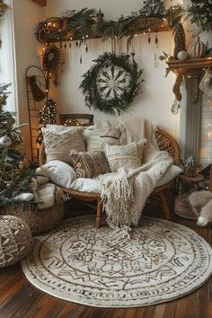 a living room filled with furniture and christmas decorations