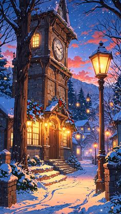 a painting of a clock tower in the middle of a snowy night with lights on