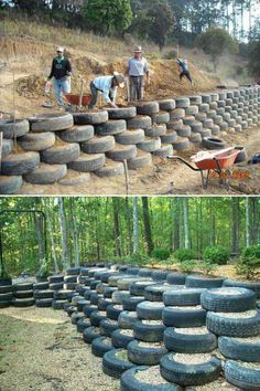 two pictures side by side with people working in the woods, and one has several tires stacked on top of each other