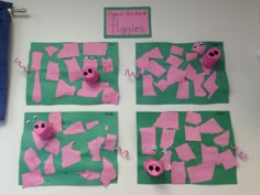 four pieces of pink paper cut into piggies on green and white papers with the words open - ended pigs