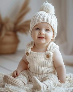 a baby wearing a knitted outfit and hat