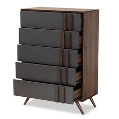 Baxton Studio Naoki Modern and Contemporary Two-Tone Grey and Walnut Finished Wood 5-Drawer Bedroom Chest FredCo theFredCo Mid Century Chic, Drawer Bedroom, Drawer Storage Unit, Mid Century Modern Dresser, Bedroom Chest, Tv Stand Wood, Wood Chest, Wood Dresser, Baxton Studio