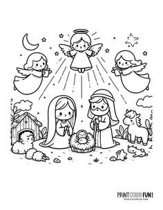 Angel Gabriel Visits Mary Craft For Kids, Christmas Coloring Activities For Kids, Christmas Coloring Pages Free Printable Nativity, Nativity Colouring Printables, Christmas Activity Pages For Kids, Christmas Colouring Pages For Kids, Simple Nativity Drawing, Nativity Coloring Pages Printables Free, Nativity Art For Kids