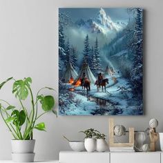 a painting of two people riding horses in the snow near a campfire and trees