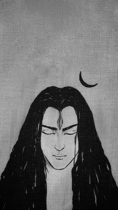 a drawing of a man with long hair and eyes closed, staring at the moon