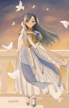 an anime character with long hair and blue dress standing in front of birds flying above her