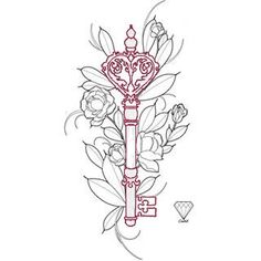 a drawing of a key with flowers on it