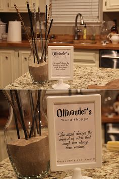 a kitchen counter topped with two vases filled with sand