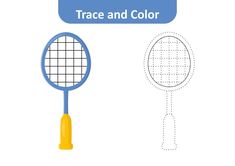 a blue and yellow tennis racket is next to a dotted line that says trace and color