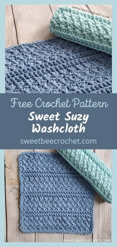 two crocheted dishcloths with text overlay that says free crochet pattern sweet susy washcloth