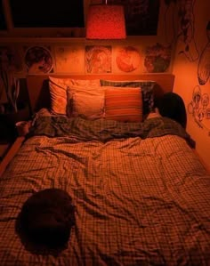 a cat sleeping on a bed in a dimly lit room with posters and lights above it