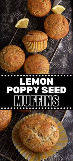 Collage of lemon poppy seed muffins at top and bottom. Lemon Poppyseed Muffins Easy, Poppy Seed Muffins Recipe, Poppy Seed Muffin Recipe, Lemon Poppy Seed Muffins Recipe, Savory Brunch Recipes, Sweet Brunch, Lemon Poppy Seed Muffins, Seed Muffins, Mid Morning Snack