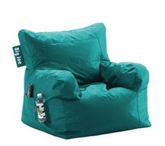 a green bean bag chair with a soda bottle in it