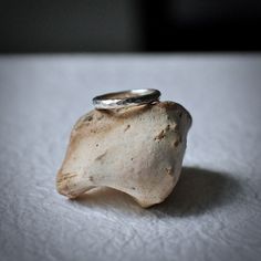 two wedding rings sitting on top of a piece of driftwood in the middle of a table