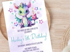 a birthday party card with a little dragon on it