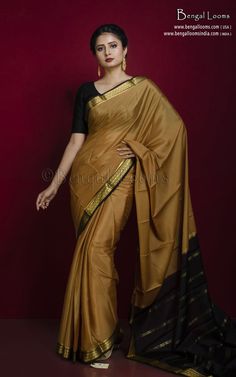 Mysore Crepe Pure Silk Saree in Tan Brown, Black and Brush Gold