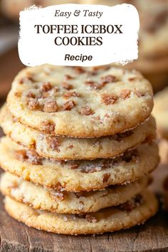 a stack of iced icebox cookies sitting on top of a wooden cutting board with the words easy and tasty toffee icebox cookies recipe