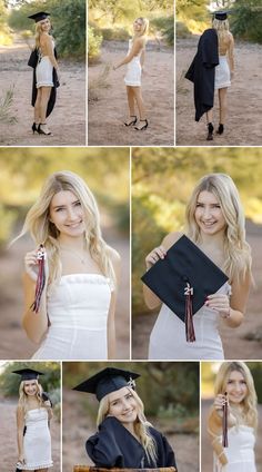 a collage of photos shows a woman in her graduation gown and cap, holding a diploma