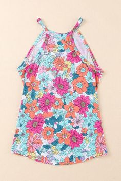 Enjoy some summer vibes in this Multi Color Retro Floral Strappy Tank! This gorgeous, lightweight top features a bright, retro floral pattern with a striking high neck, giving you the perfect mix of style and comfort. Throw it on for a look that's sure to turn heads! Retro floral print of fuchsia pink, orange, dark green, sea foam green, lavender and yellow makes this strappy tank a bright and fun asset to your summer wardrobe. Higher neckline and slight racerback style knit tank. Has slight str Shift Pattern, Curvy Shorts, Curvy Swimwear, Graphic Tank Tops, Swimwear Dress, Sweatshirt Set, Elastic Waist Shorts, Loungewear Set, Lightweight Tops