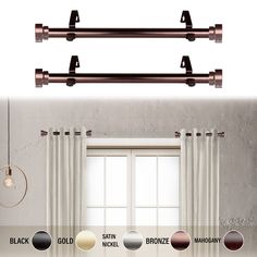 the curtain rod is attached to an open window with four different colors and sizes on it