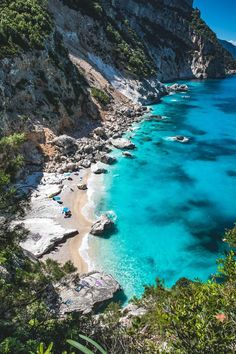 the blue water is next to some cliffs