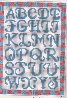 a cross stitch pattern with the letters and numbers in red, white, and blue