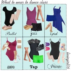 the different types of dance clothes are shown in this image, including leotards and ballet shoes