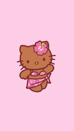 a hello kitty wallpaper with a pink background and a brown teddy bear in a bathing suit