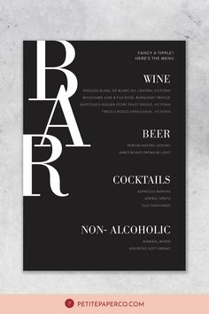 a poster with the words bar and wine on it, in black and white letters