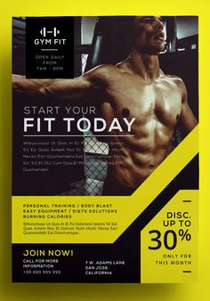 a flyer for a gym with a man's torso