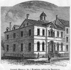 an old drawing of a building with two men standing in front of it and another man on the other side