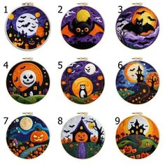 six different designs of halloween hoop ornaments