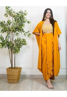 Embroidered Crop Top With Dhoti Skirt And Long Jacket VitansEthnics 3 Piece For Women Traditional, Party Wear Outfits Western, Dhoti Pattern, Dhoti Dresses For Women, Crop Top With Dhoti, Georgette Long Dress, Saree To Dress, Western Dress For Women