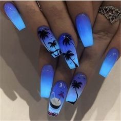 Water Transfer Paper, Palm Tree Nails, Nail Decals Diy, Palm Tree Design, Tree Nails, Cute Acrylic Nail Designs, Glow Nails, Coffin Nails Long, Diy Nail Art