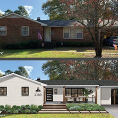 before and after photos of a brick ranch house