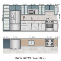 two drawings of a kitchen with stainless steel appliances