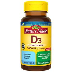 Nature Made Extra Strength Vitamin D3 5000 IU Softgels (125 mcg) offer an easy way to add Vitamin D supplements to your daily routine to support bone, teeth, muscle, and immune health. Sourced from high quality ingredients, these Nature Made Vitamin D softgels are gluten free dietary supplements with no color added and no artificial flavors. Each Vitamin D3 5000IU (125 mcg) softgel supports a healthy immune response and aids in calcium absorption. Vitamin D is a common nutrient shortfall. D3 B12 Supplements, Women's Vitamins, Braggs Apple Cider, Nature Made Vitamins, Braggs Apple Cider Vinegar, B12 Vitamin Supplement, Shaving Supplies, Beauty Supplement, Vitamin D Supplement