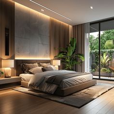 High-tech modern bedroom with a focus on incorporating automated lighting and climate control for a personalized and optimized living experience Dark Modern Bedroom, Black Bedroom Design, Luxury Bedroom Master, Elegant Bedroom, Modern Bedroom Design, Room Design Bedroom, Contemporary Bedroom