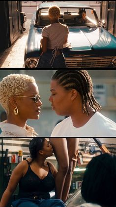 two women in front of a car talking to each other