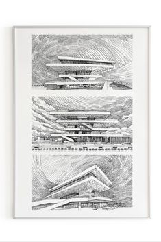 Here are a trio of drawings laid out in a column format. All three drawings are of the America's Cup Building in Spain by David Chipperfield. The drawing is mounted on a thin silver frame behind a white background. The skies show movement in different directions and are portrayed with the use of cross hatching techniques. Hatching Techniques, David Chipperfield, America's Cup, Cross Hatching, Americas Cup, Architectural Drawing