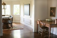 a dining room table and chairs in front of a window