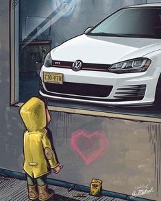 a little boy standing in front of a white car with a heart drawn on it