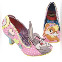 All Man-Made Materials Polyurethane Faux Leather Uppers Cushioned Fabric Lining & Inner Soles Printed, Appliqued, & Embroidered Graphics Right Shoe Has Bugs Bunny On The Toe, And His Name Embroidered On The Heel Left Shoe Has Lola Bunny On The Toe, And Her Name Embroidered On The Heel Officially Licensed These Shoes Are So Cute. They Are From The Irregular Choice From England. They Come In The Original Box Which Is Also In Great Condition If You Have Any Questions Or Would Like A Certain Picture Irregular Shoes, Pink Shoes Heels, Irregular Choice Heels, Bugs And Lola, Bunny Couple, Lola Bunny, Irregular Choice Shoes, Cute Shoes Heels, Irregular Choice