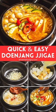 the steps to make quick and easy donjanng jigae recipe are shown