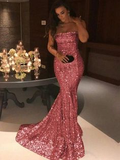 Trumpet/Mermaid Sleeveless Strapless Sweep/Brush Train Sequins Dresses Stile Casual Chic, 2021 Prom Dresses, Interior Vintage, Mermaid Sequin, Sequin Prom Dresses, Sequin Gown