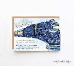 a birthday card with an image of a train and the words all aboard on it