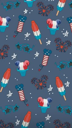 an image of fireworks and stars on a blue background with red, white, and blue colors