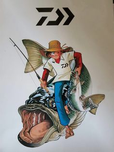 a drawing of a man on a fish with a fishing rod