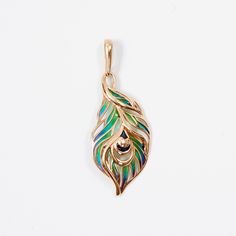 Enamel Feather Pendant 14-Karat Rose Gold - Karina Constantine Jewellery Pendant Gold Design, Peacock Design Pendant Necklace Gift, Peacock Design Pendant Necklace, Gold Pendant Designs, Krishna Pendant Gold For Women, Elegant Peacock Color Pendant Jewelry, Peacock Feather Jwellary, Gold Enamel Jewelry, Unique Locket